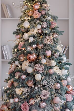 Christmas Balls And Decorations On A Beautiful Christmas Tree. Decorated Christmas Interior. Place For Text.の写真素材