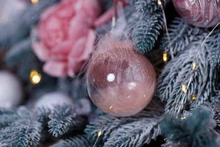 Christmas Balls And Decorations On A Beautiful Christmas Tree. Decorated Christmas Interior. Place For Text.の写真素材