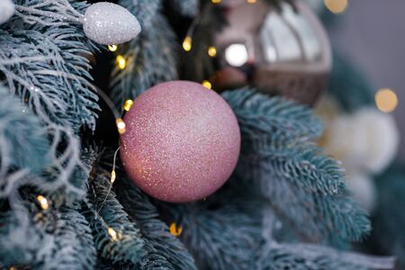 Christmas Balls And Decorations On A Beautiful Christmas Tree. Decorated Christmas Interior. Place For Text.の写真素材