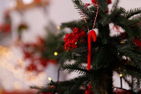 Christmas decorated kithen in loft style. Red colors. Modern loft style of interior dacorated for New Year Eveの写真素材