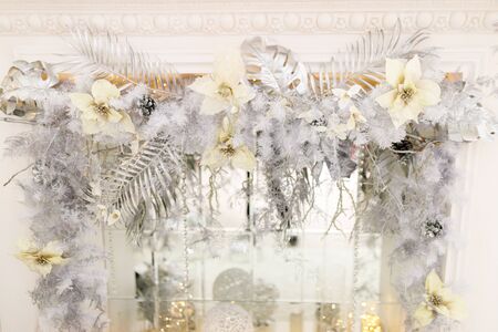 Beautiful Christmas Decoration With White Fireplace In The Roomの写真素材