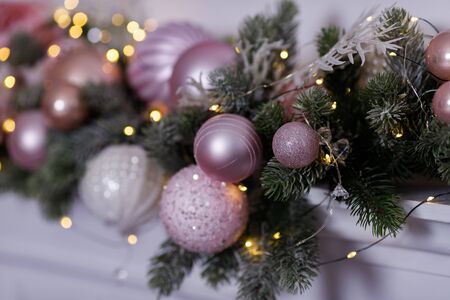 Beautiful Christmas Decorations On The White Fireplaceの写真素材