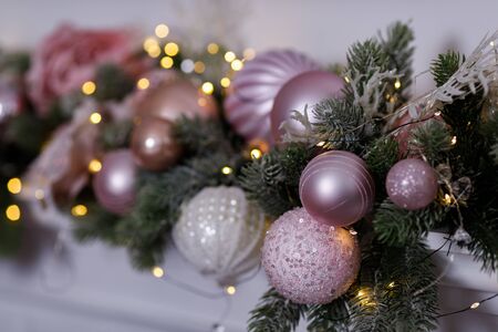 Beautiful Christmas Decorations On The White Fireplaceの写真素材