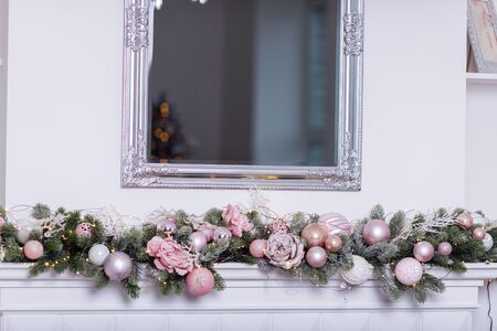 Beautiful Christmas Decoration With White Fireplace In The Roomの写真素材