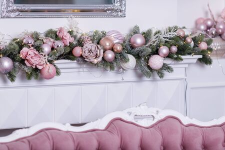 Beautiful Christmas Decoration With White Fireplace In The Roomの写真素材