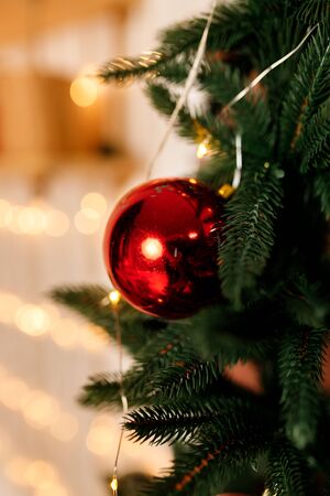 Red Christmas Balls And Decorations On A Beautiful Christmas Tree. Decorated Christmas Interior. Place For Text.の写真素材