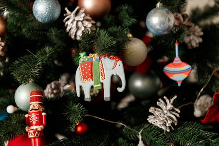 Beautiful Red Christmas Balls Hanged On The Christmas Tree Branchの写真素材