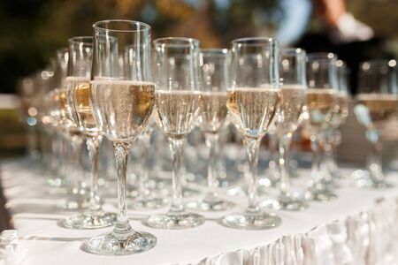 Elegant glasses with champagne standing in a row on serving table during party or celebrationの写真素材