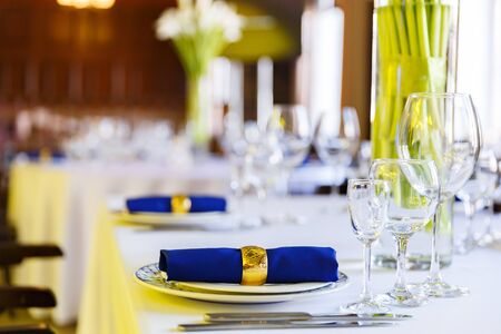 Wine glasses and champagne flutes on table, Wedding decor. Selective focusの写真素材