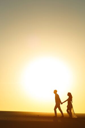 Newlyweds walk barefoot on the sand in the white desert at sunset.の写真素材