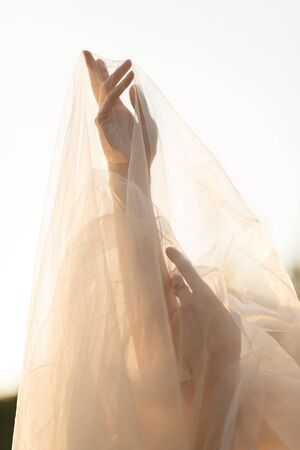 Bride's hand under the long veil with white gold engagement ringの写真素材