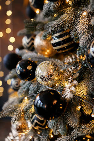 Christmas Balls And Decorations On A Beautiful Christmas Tree. Decorated Christmas Interior.の写真素材