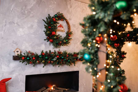 Christmas Balls And Decorations On A Beautiful Christmas Tree. Decorated Christmas Interior. Place For Text.の写真素材