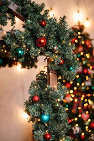 Christmas Balls And Decorations On A Beautiful Christmas Tree. Decorated Christmas Interior. Place For Text.の写真素材