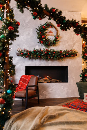 Christmas Balls And Decorations On A Beautiful Christmas Tree. Decorated Christmas Interior. Place For Text.の写真素材