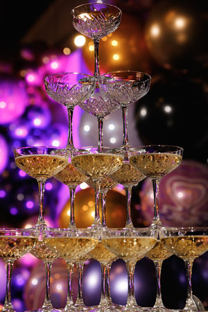 Champagne pyramid for parties at Birthday, party in restaurant. Glasses with champagne in the form of a slide. 2021の写真素材
