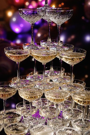 Champagne pyramid for parties at Birthday, party in restaurant. Glasses with champagne in the form of a slide. 2021の写真素材