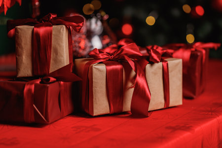 Christmas gifts in craft packaging with red ribbonの写真素材