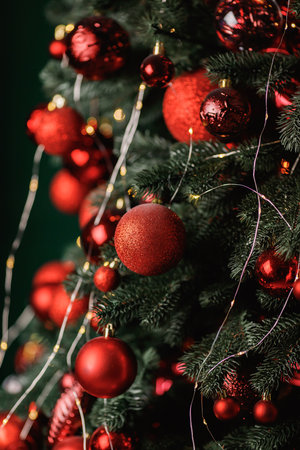 Red balls decorate a Christmas tree on a green background. Selective focus.の写真素材