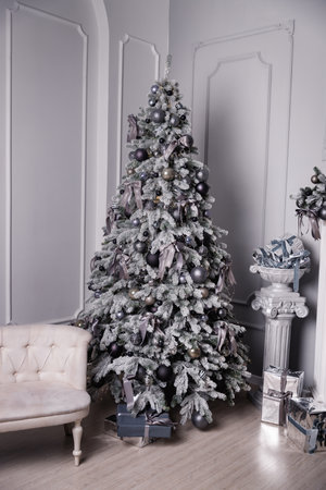 Black and silver Christmas balls on a snow-covered branch of a Christmas tree.の写真素材