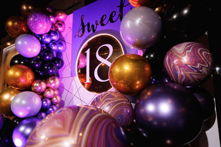 Beautiful photo zone of balloons at a party in a nightclubの写真素材