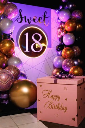 Beautiful photo zone of balloons at a party in a nightclubの写真素材