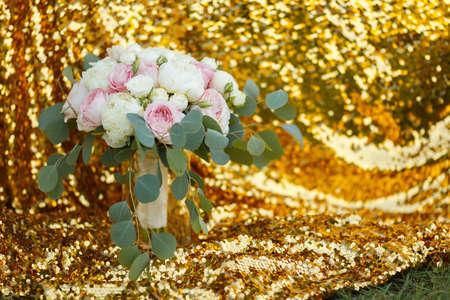 bouquet for the bride with pink peonies and eucalyptusの写真素材