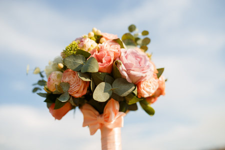 bouquet for the bride with pink peonies and eucalyptusの写真素材