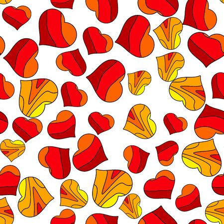 Funny cartoon hearts. Seamless pattern. Chaotic hearts located. Yellow, orange and red colors.のイラスト素材