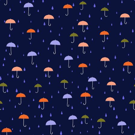 Umbrellas - seamless pattern. Small colorful umbrellas, raindrops. Dark-blue background. Texture for tissue, paper, etc.のイラスト素材