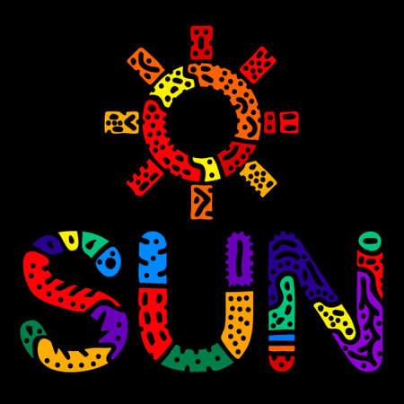 Sun. Multicolored bright contrast isolate colored curves doodle letters and logo. Summery sun for...