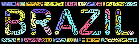 Brazil Multicolored bright contrast isolate inscription. Colored curves doodle letters. Brazil for print on clothing, t-shirt, souvenir, booklet, banner, flyer, card, bag. Stock vector picture.のイラスト素材