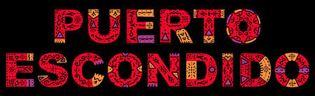 Puerto Escondido. Color isolated inscription with national ethnic ornament. Patterned red Mexican Puerto Escondido for print on clothing, t-shirt, booklet, poster, banner, flyer, card. Stock picture.のイラスト素材