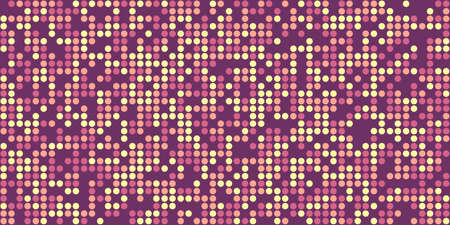 Yellow, purple and pink circles on purple background. Small circles as particles evenly to each other. Bright colors. Background for posters, banners, business cards, videos, sites and blogs.のイラスト素材