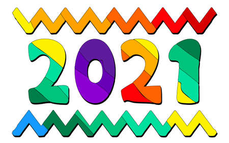 2021. Multicolored bright funny cartoon isolated inscription and design elements. Colorful letters, wave. 2021 for web, booklet, poster, banner, flyer, cards, prints on clothing, new year t-shirts. Stock vector image.のイラスト素材