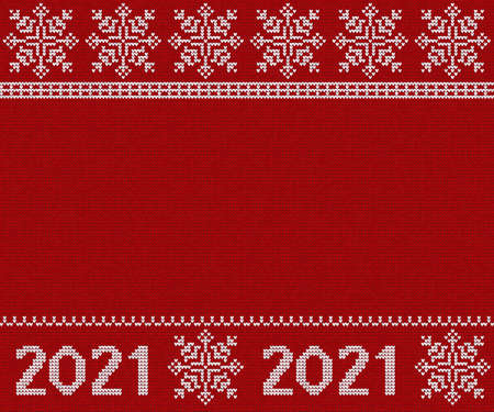 2021 and snowflakes - knitted sweater New Year's pattern. Red knitted winter jumper texture, white snowflakes and 2021 inscriptions. Template with free space in center. Seamless pattern.のイラスト素材