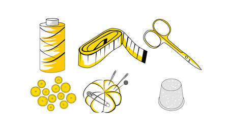 A simple set of sewing related items. Contains icons such as thread, measuring tape, scissors, buttons, thimble, and a pillow for needles. Vector illustration on a white background.のイラスト素材