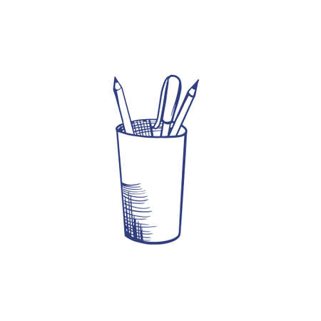 Contour illustration of a Cup with pencils. Vector illustration on a white background. For a logo, for icons in social networks.のイラスト素材