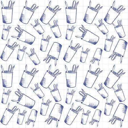 Pattern of Contour illustration of a Cup with pencils. Vector illustration on a wite isolated background. Checkered notebook. Stock image.のイラスト素材