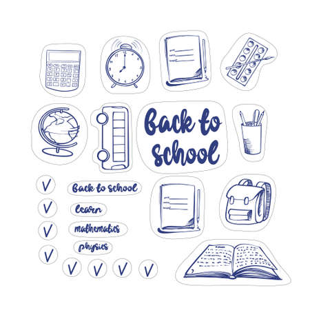 Sticker pack school supplies. Stickers, logos, and icons for social networks. Stock image on a white isolated background.のイラスト素材