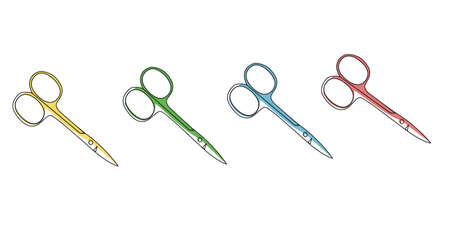 Pattern of colored scissors on a white isolated background. Stock image.のイラスト素材