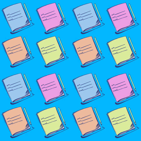 Pattern of multicolored school notebooks with a pen.Stock vector illustration on a blue isolated background. For fabric, cover, background.のイラスト素材