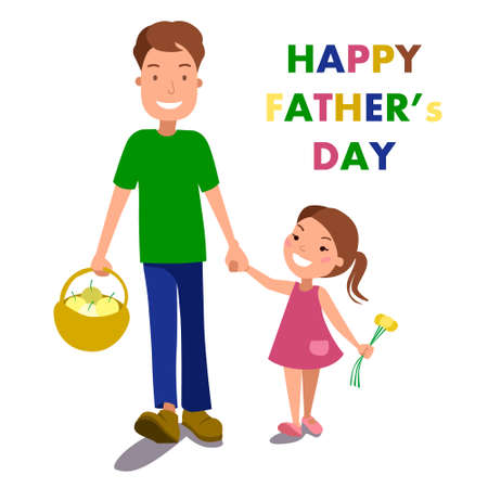 A father walks with his daughter. A father and a little girl hold hands, isolated on a white background. Colorful vector illustration in flat style.Happy father is day.のイラスト素材