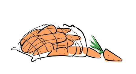 Fresh crop of carrots in a mesh bag. Stock vector illustration on a white isolated background. For a logo, for icons in social networks.のイラスト素材