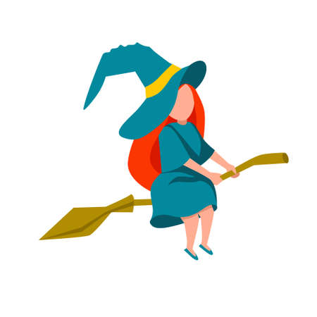 A simple flat illustration of a young witch flying on a broomstick. The Befana celebration. Flat vector illustration on a white isolated background.Stock imageのイラスト素材
