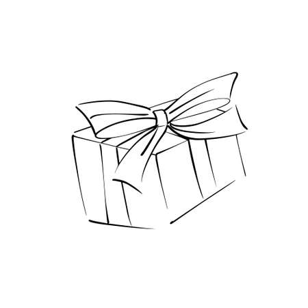 Vector illustration of a black contour drawing of a New Year is gift with a bow in a minimalistic Scandinavian style. Drawn by hand.のイラスト素材