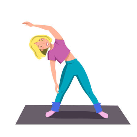 Athletic girl stands on the Mat and makes a tilt to the side. Flat vector illustration for a sports Studio on a white background.のイラスト素材