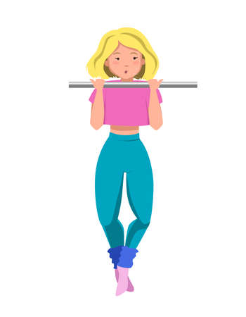 Athletic girl pulls up on the crossbar. Flat vector illustration for a sports Studio on a white background.のイラスト素材