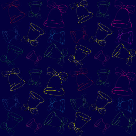 Seamless contour Pattern of multicolored Christmas bells on a blue background. Gift wrapping. Vector image on a white isolated background.のイラスト素材