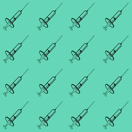 Pattern outline of a medical syringe on a green isolated background. Vector Doodle illustrations.のイラスト素材